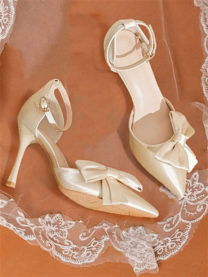 – Bow Champagne Pumps Women's Ankle Classy Pointed Strap