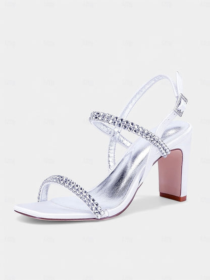 Sandals Prom White Block Rhinestone Women's Bridal – Heel