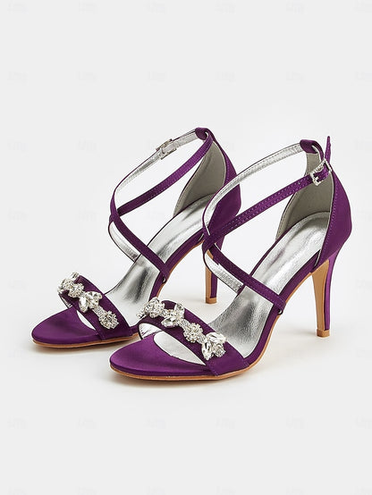 Stiletto Heels Straps with Purple Satin Women's Rhinestone