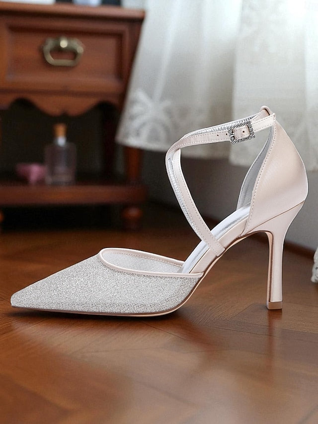 Women's - Ankle Strap Glitter Elegant Silver Stiletto Heels