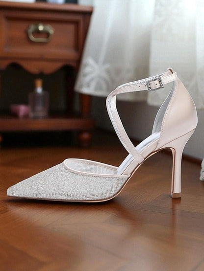 Women's - Ankle Strap Glitter Elegant Silver Stiletto Heels