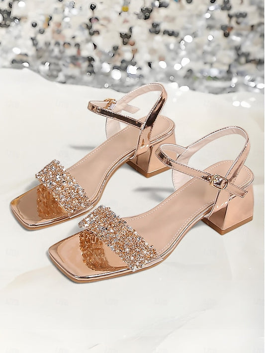 Block Wedding Sandals Women Rhinestone for Gold Heel Elegant –