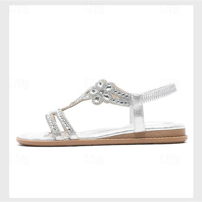 Flat Sandals Silver Women's – T-Strap Rhinestone Boho