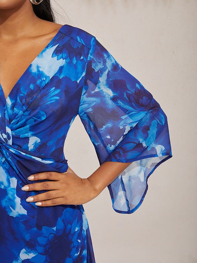 Abstract Floral V Neck Knot Front Flared Sleeve Maxi Dress