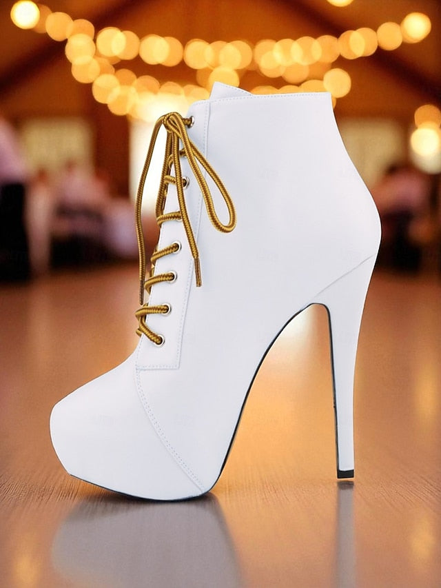 Boots Platform Beige Ankle - Women's Lace-Up Leather Faux