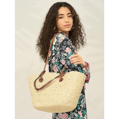 Tote Boho Leather Straps Women's Large Bag Chic Straw with
