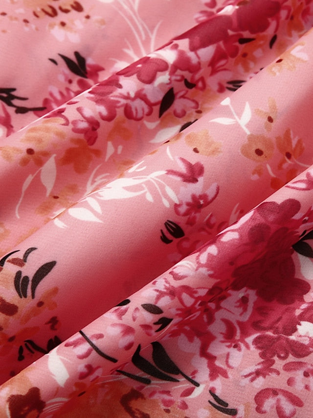 Women's Swing Dress Maxi long Dress Pink Long Sleeve Floral