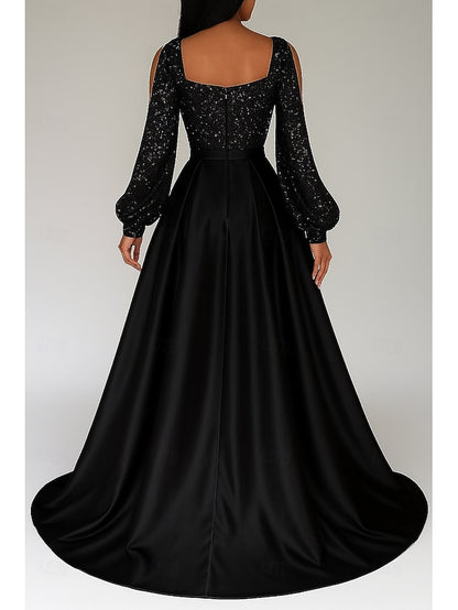 Sequined Red Dress Elegant A-Line Formal Black Gown Evening