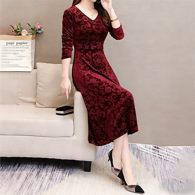 Women's Midi Dress Velvet Dress Party Dress Swing Dress