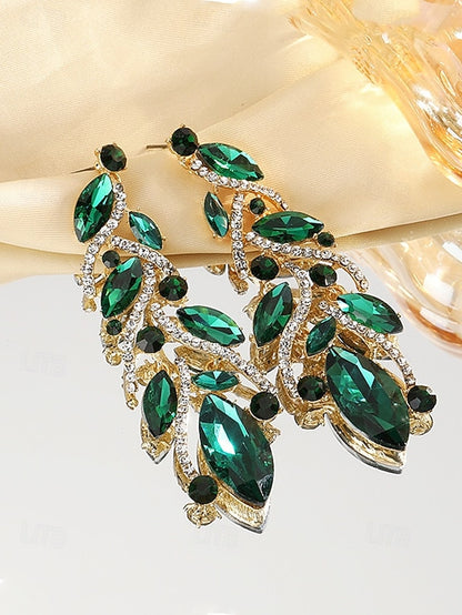 Leaf Design Earrings Women's Gold Elegant Crystal -