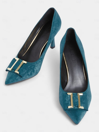 Teal Toe Heel - Pumps Elegant Kitten Pointed Velvet Women's