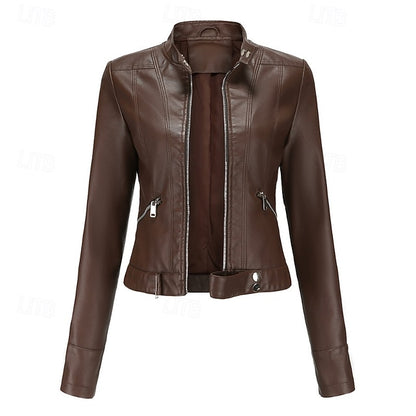 Faux Comfortable Pocket Women's Leather Jacket Zipper