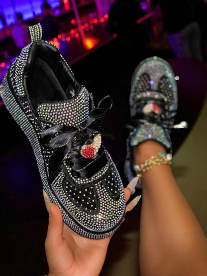 Rhinestone Sneakers with Women's Ribbon White Satin Laces
