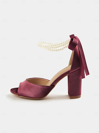 Ankle Pearl Women's Heel Peep-Toe Satin Block Sandals with