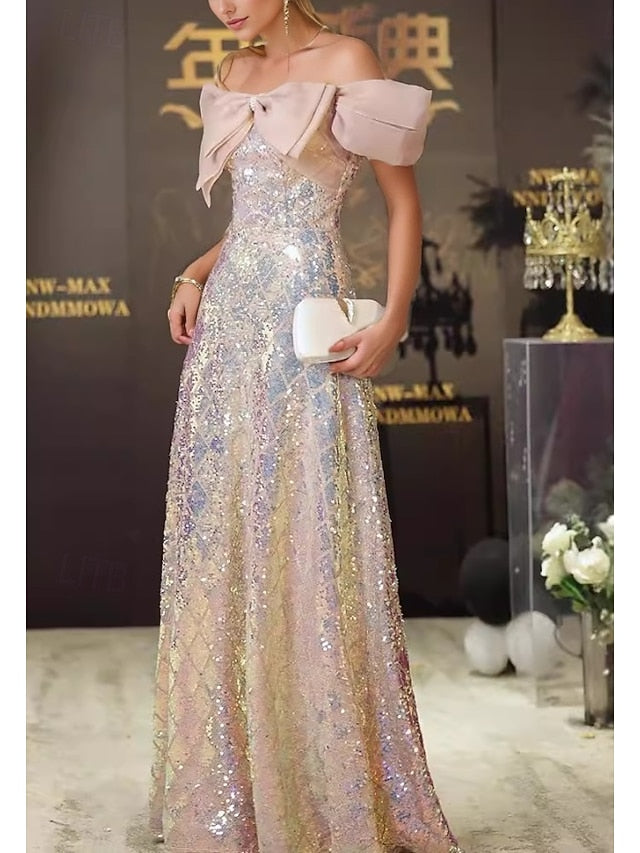 A-Line Floor Length Prom Dresses Elegant Glittering Short Sleeve