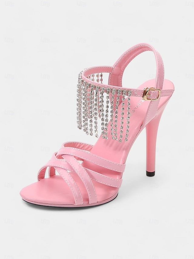 Leather Patent Stiletto Women's Rhinestone with Sandals Red