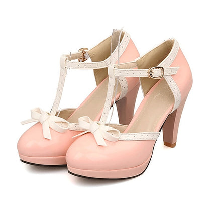 Heels Women's Black with Leather Patent White T-Strap High