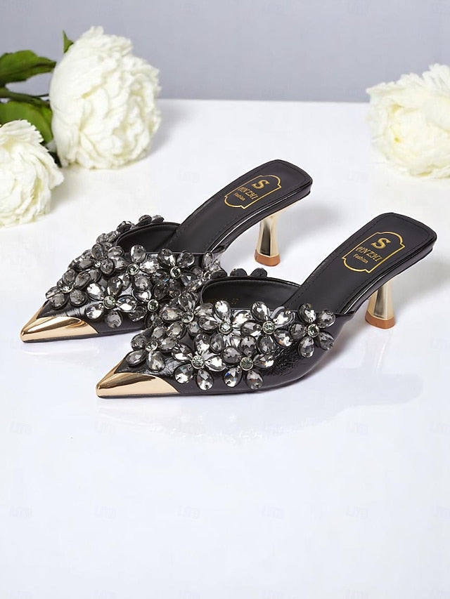 Black – Pointed-Toe Embellished Mules Women's Rhinestone
