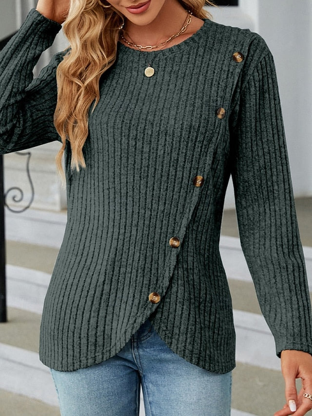 Women's Blouse Solid Color Stylish Casual Long Sleeve Crew