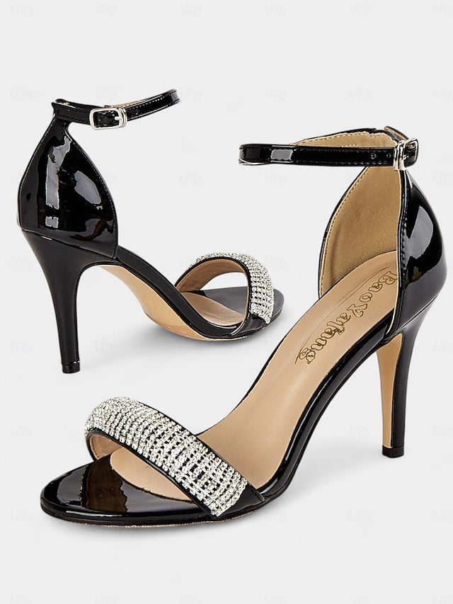 Patent Heel Black Sandals Rhinestone Leather High with