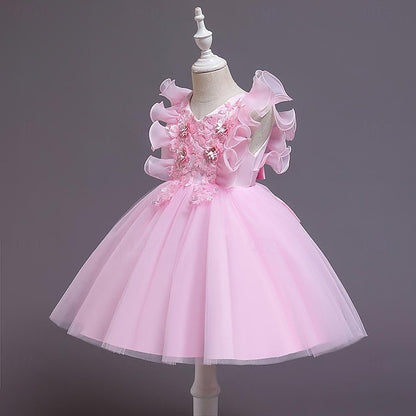 Solid Color Girls' Dress Sequin Flower Kids Party