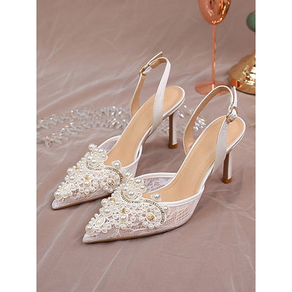 Pearl-Embellished Slingback White Pointed-Toe Kitten Heel with
