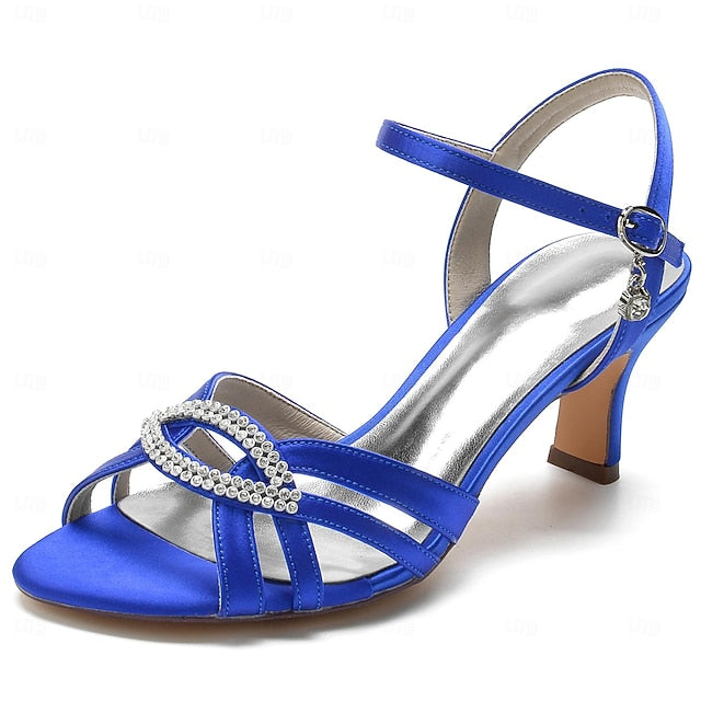 Women's Strappy Dark Heels Satin Rhinestone Blue with