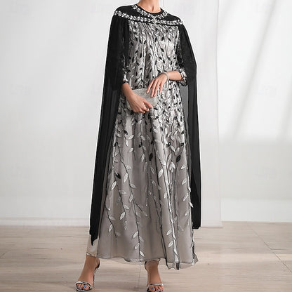 Neck Dress A-Line the Bride Cape Elegant of Mother Crew