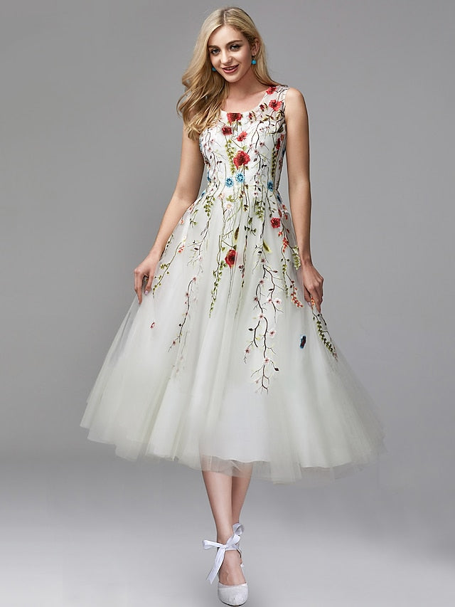 A-Line Tea Length Prom Dresses Elegant Floral Sleeveless Jewel