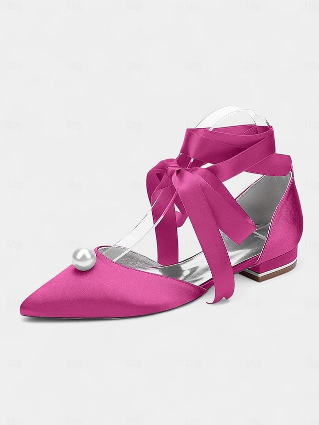 - Pointed Toe Navy Women's Pearl Satin Embellished Flats