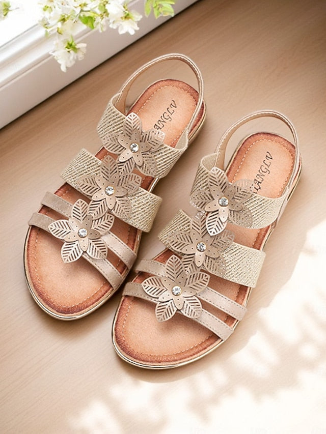 Women's Beige Sandals Floral Flat Elegant – Rhinestone