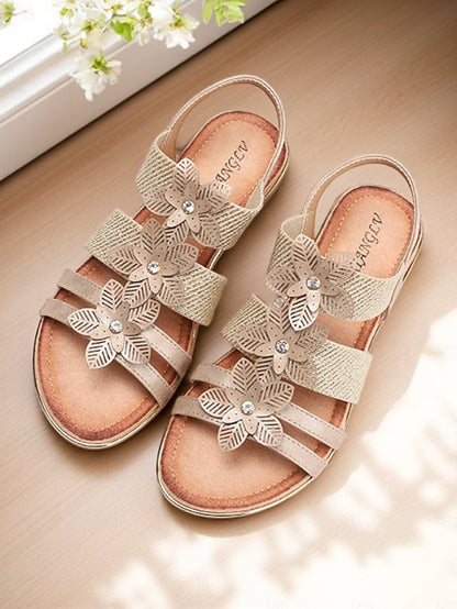 Women's Beige Sandals Floral Flat Elegant – Rhinestone