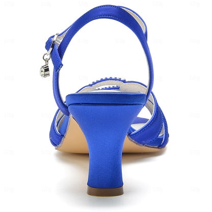 Women's Strappy Dark Heels Satin Rhinestone Blue with