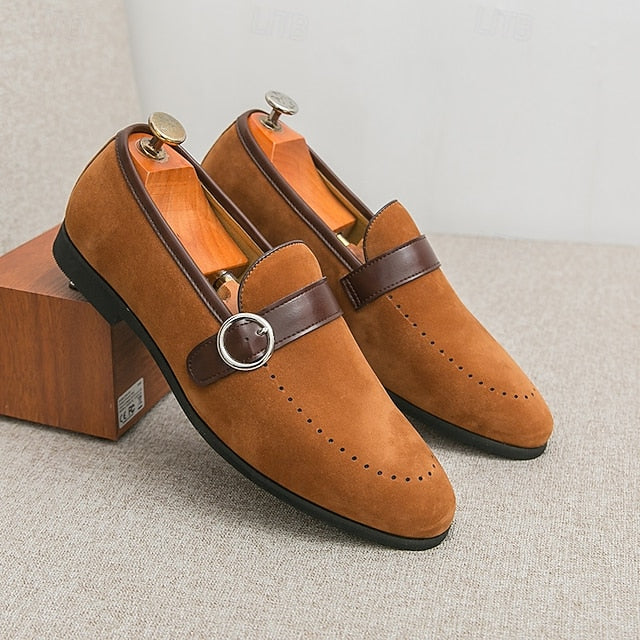 Men's Suede Brown Slip-On with Buckle Faux Strap Loafers
