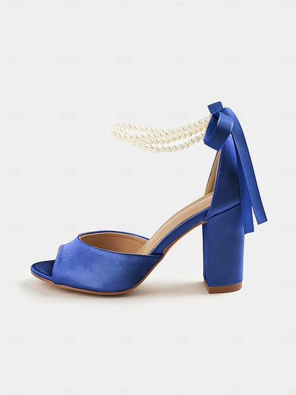 Ankle Pearl Women's Heel Peep-Toe Satin Block Sandals with