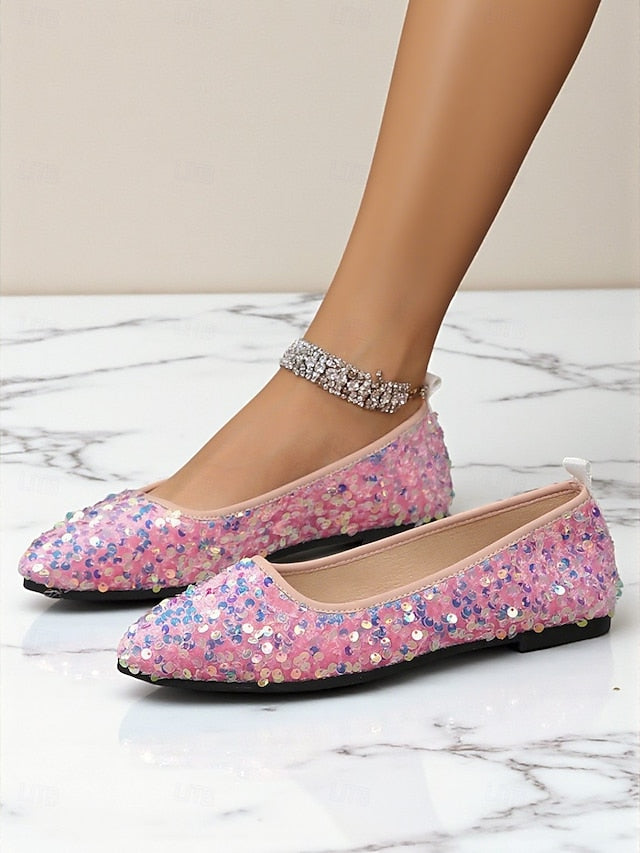 Ballet Sequin Women's - Toe Pointed Flats Black Sparkly