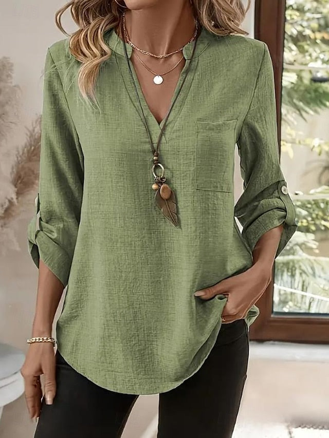 Women's Shirts Solid Color Stylish Casual Long Sleeve V