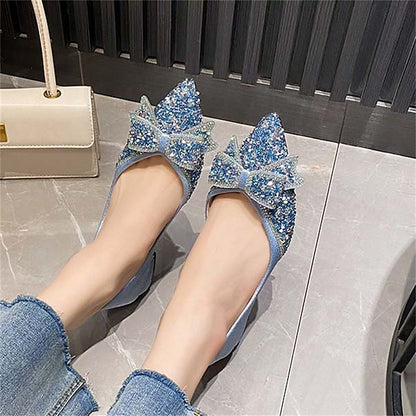 Women's Glitter Flats Rhinestone Detail - Elegant Bow with