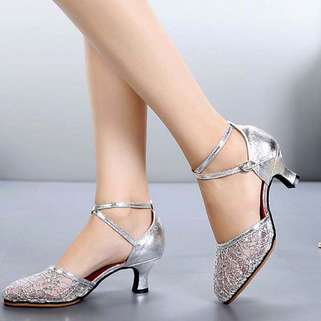 Silver Dance Lace Low Heel Latin Mesh Shoes Women's –