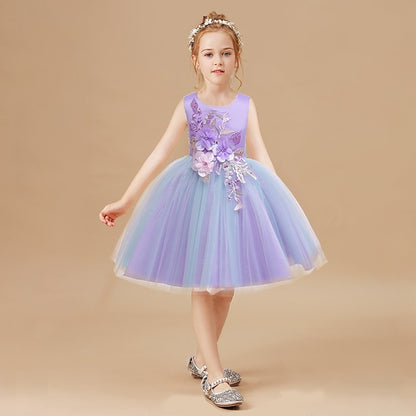 Floral Kids Purple Dress Party Blue Blushing Lace Girls'