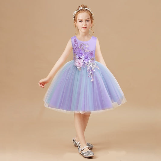 Floral Kids Purple Dress Party Blue Blushing Lace Girls'