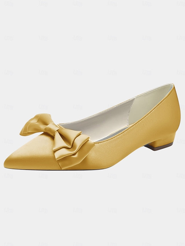 Satin Toe Pointed Green Bow Elegant - Women's Flats
