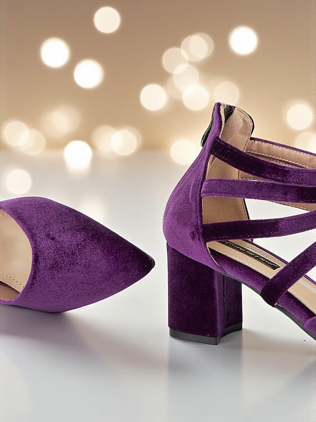 Blue Block Heel Pumps Pointed with Women's Toe Velvet