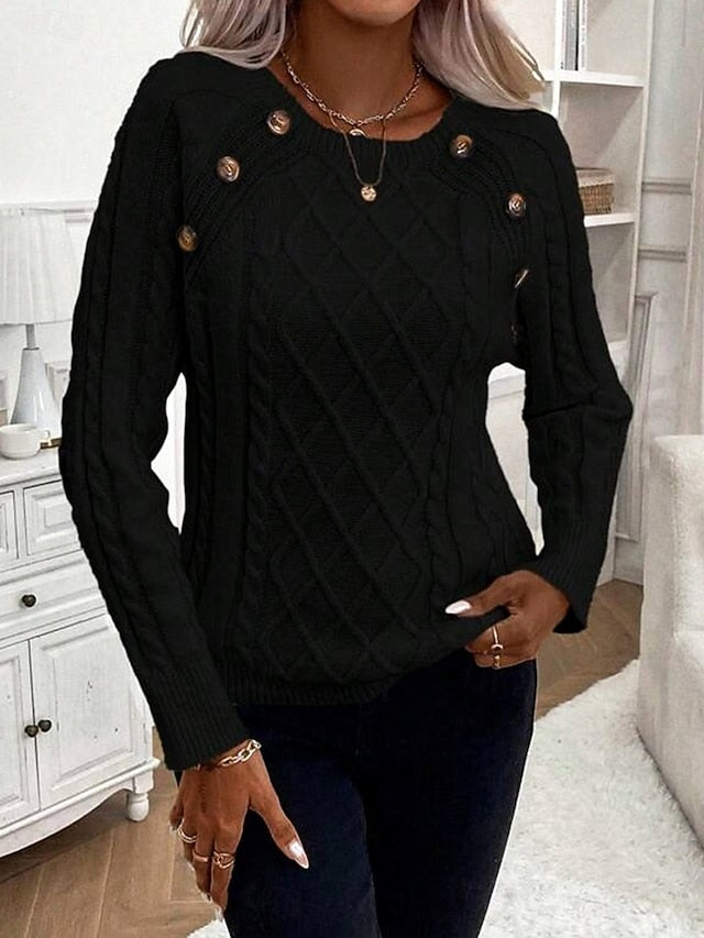 Women's Sweater Casual Soft Pure Color Cable Crew Neck