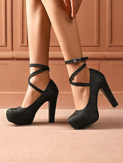 Strap Ankle Glitter with Pink Platform – Women's Heels