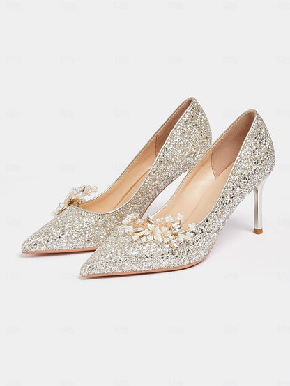 with Women's Glitter Floral Heels Silver Stiletto