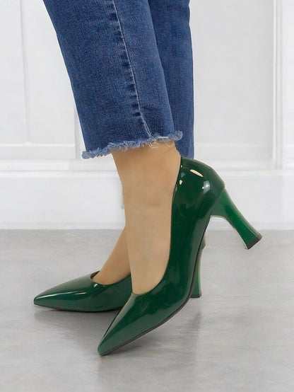 Pumps Patent Faux Pointed-Toe Heel Glossy Leather Green Block