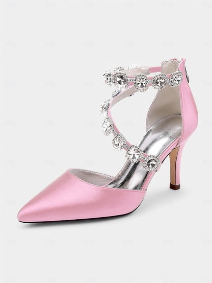 Satin Ankle Heels Crystal with Women's Purple Stiletto