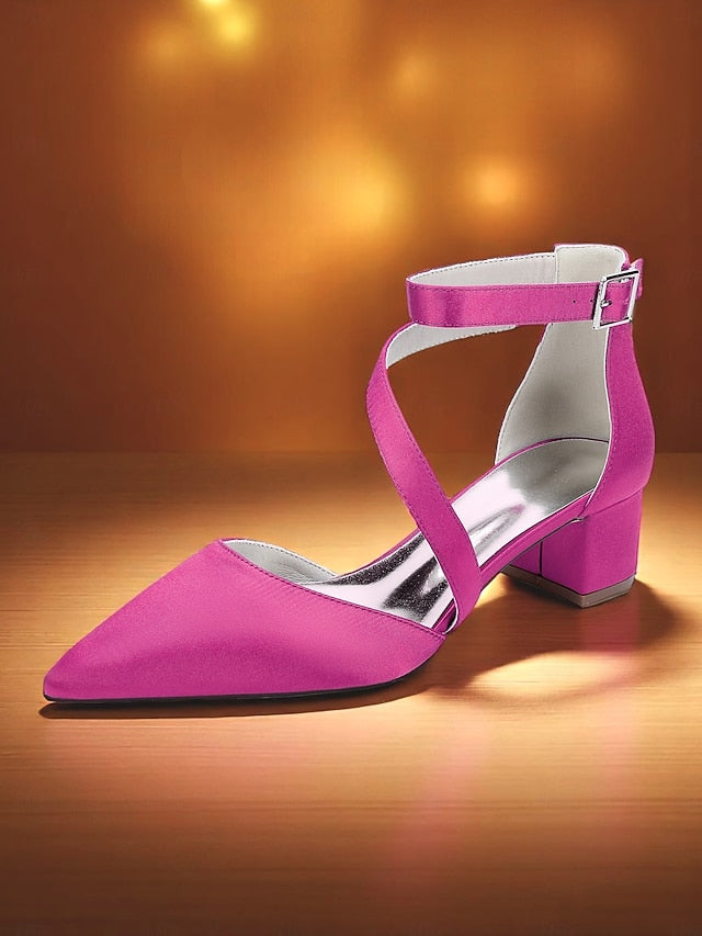 - Heels Pointed Toe Champagne Block Women's Satin