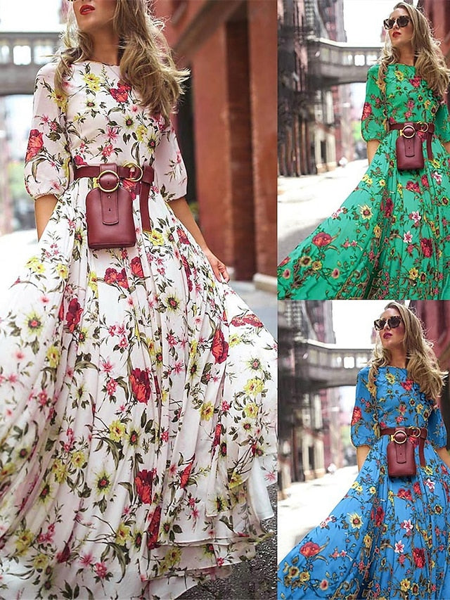 Women's Chiffon Floral Print Crew Neck Long Dress Maxi